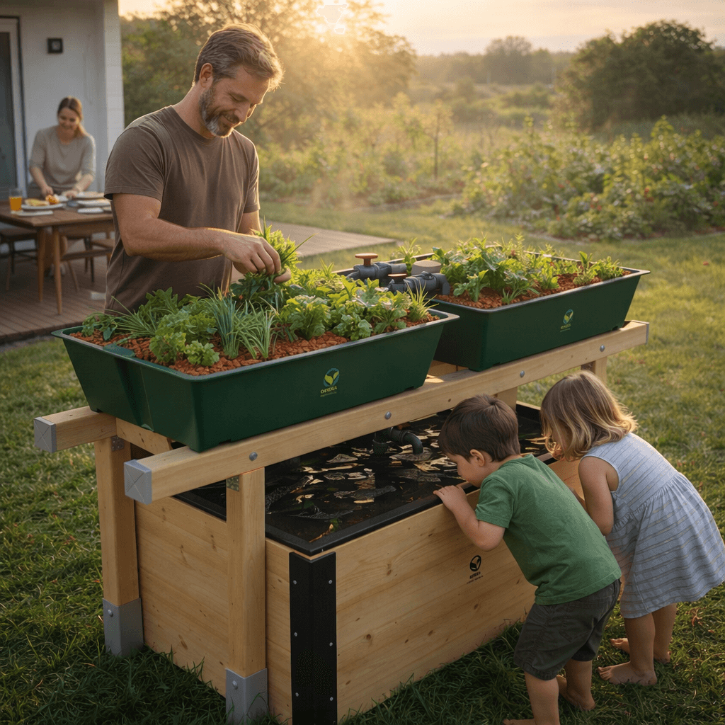 Aquaponikanlage von OFERA im Garten beim Ernten von Gemüse