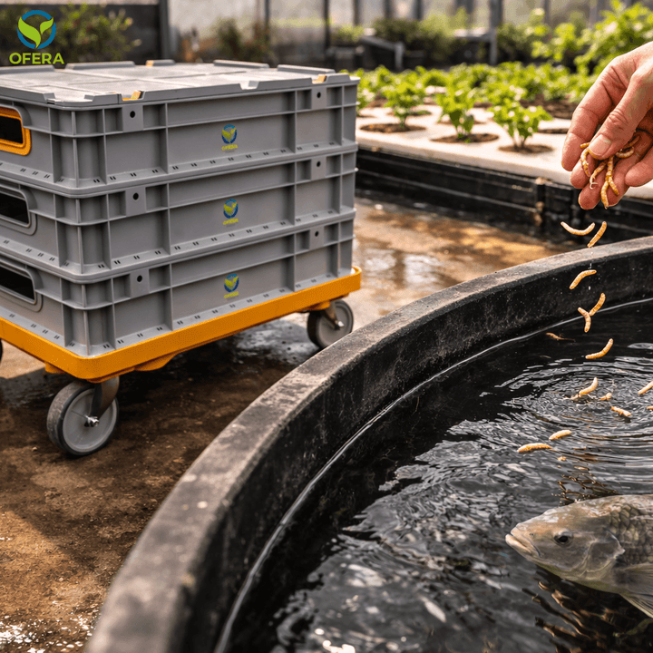 OFERA Mehlwurm Farm, Aquaponik Fische bekommen frische Mehlwürmer aus der Zuchtbox